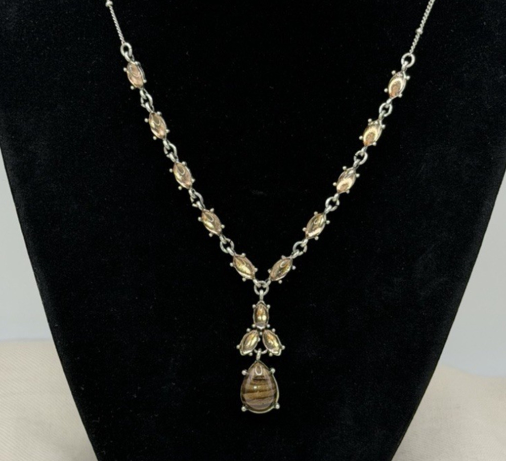 Vintage Avon NR Y Drop Faux Tiger Eye Pendant Necklace Beige Brown Dainty